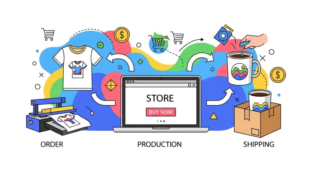 Modern illustration of print-on-demand process, with t-shirt, coffee mug, and online store laptop, vibrant and colorful e-commerce theme.